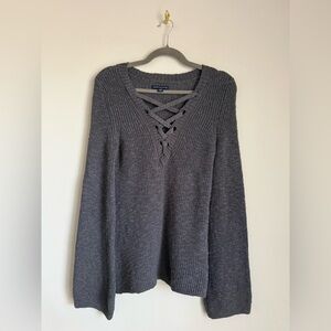 American Eagle Lace-Up V-Neck Chunky Knit Sweater